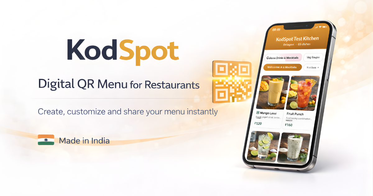KodSpot digital QR menu platform showing restaurant menu on a smartphone with QR code