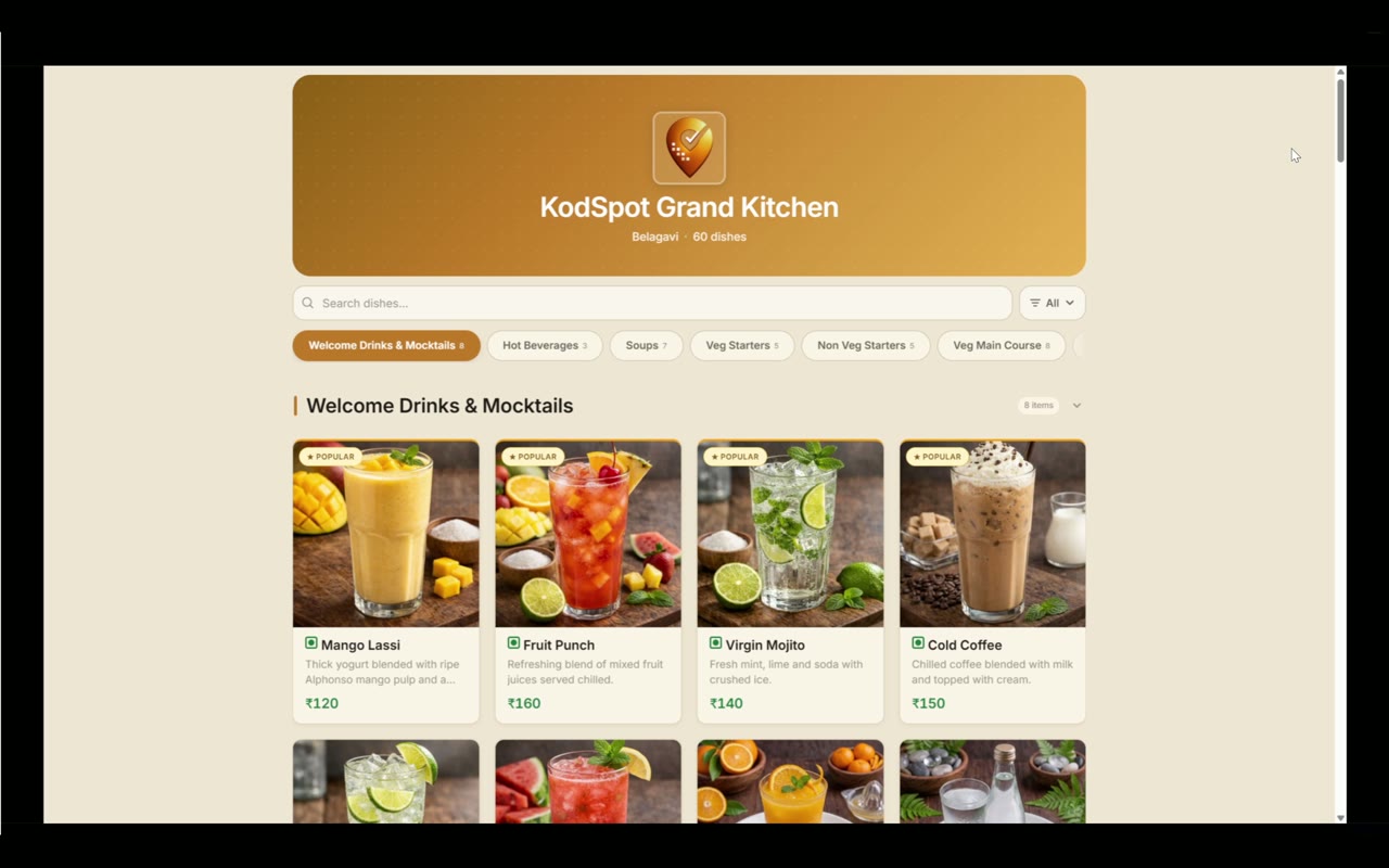 KodSpot Menu Scanner: the branded customer-facing digital menu with live theme switching, and the restaurant owner's dashboard for menu management, items, billing, and QR code tools